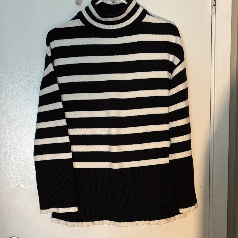 Classic Black & White Striped Turtleneck Sweater
